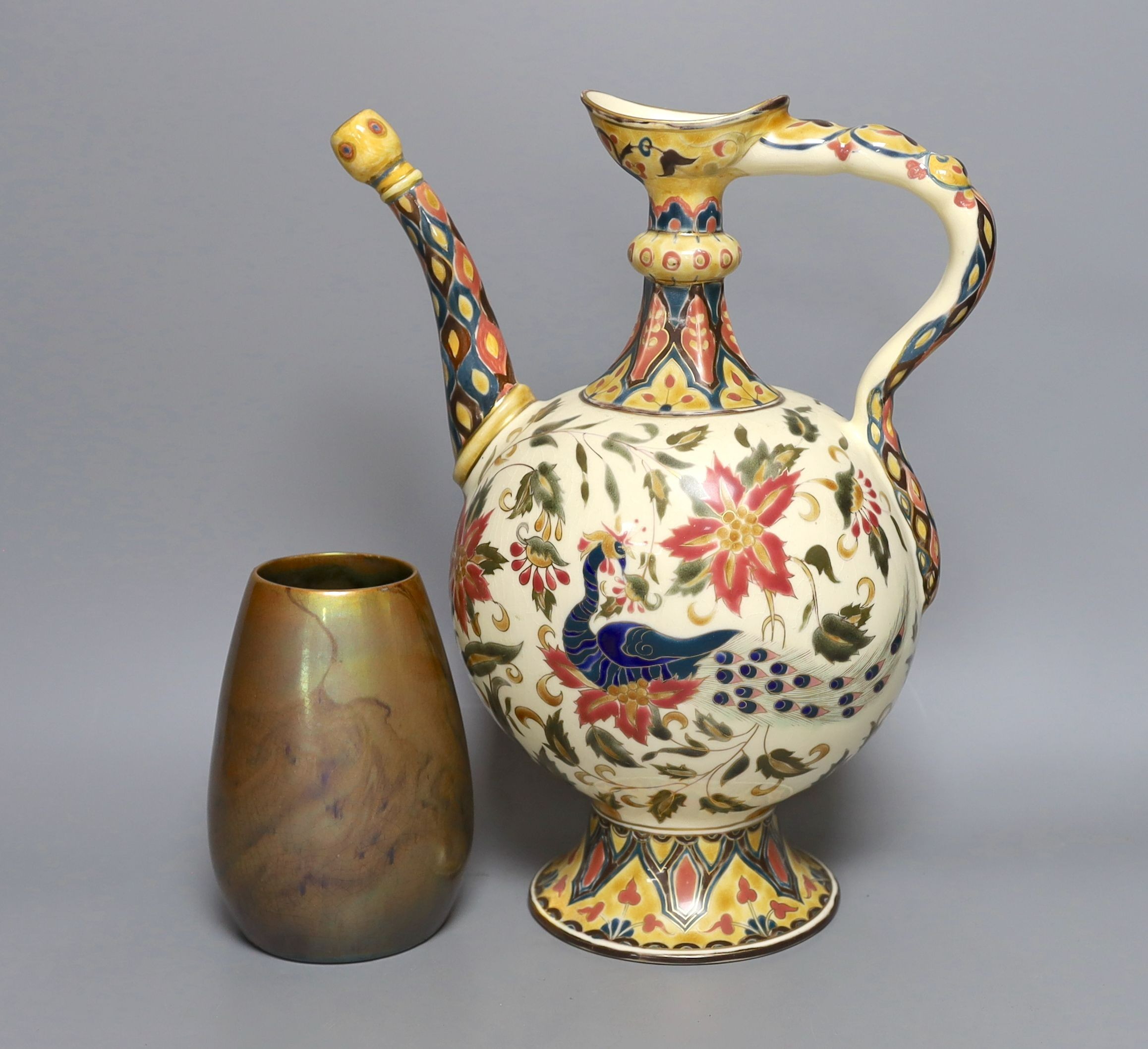 A Zsolnay ewer, 31cm tall, and a 1930's Zsolnay lustre vase